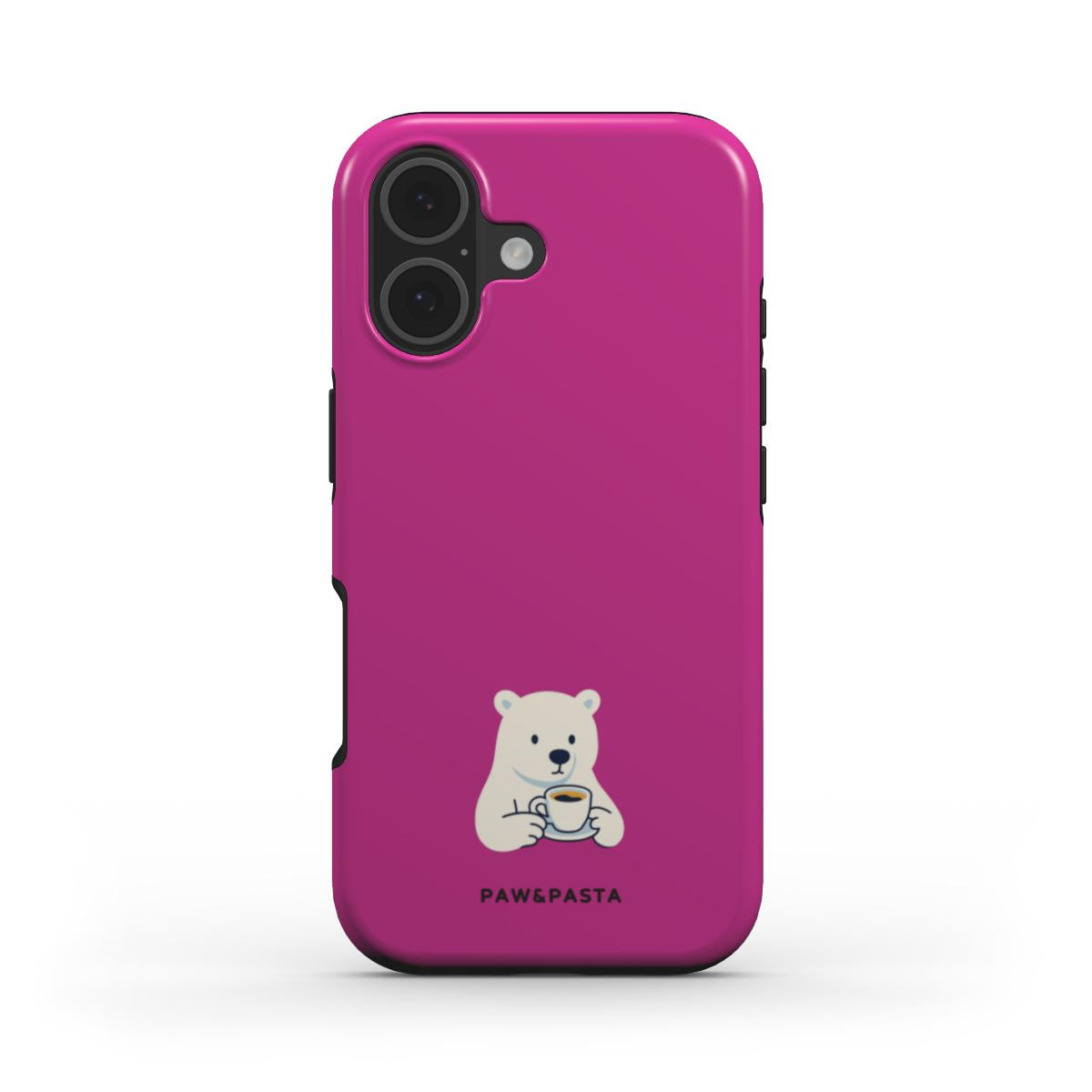 Pink phone case with a bear design and 'PAW&PASTA' branding on a white background
